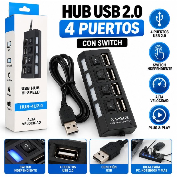 &uu HUB TIPO USB 2.0 4 PUERTOS CON SWITCH (288)